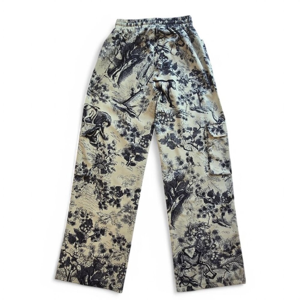 Face Fashion Toile Print Wide-Leg Pants Elastic Waist Cotton Blend Beige/Blue - Picture 2 of 11